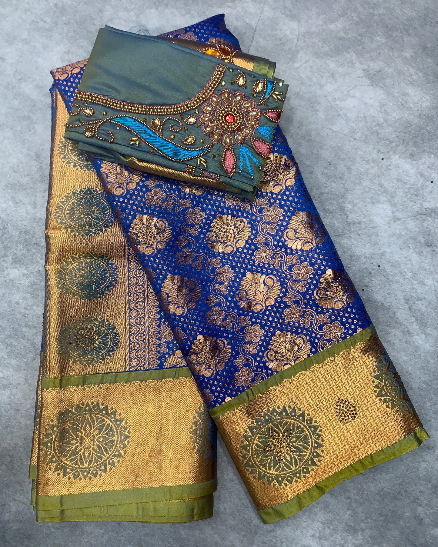 Bridal Vegan Silk Saree Blue shade with Light Green Border with Unstitched blouse in Aari Work