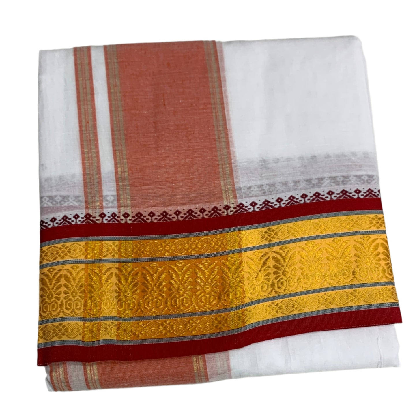 9X5 Cotton Dhoti White Yellow, Maroon Border with Angavastram