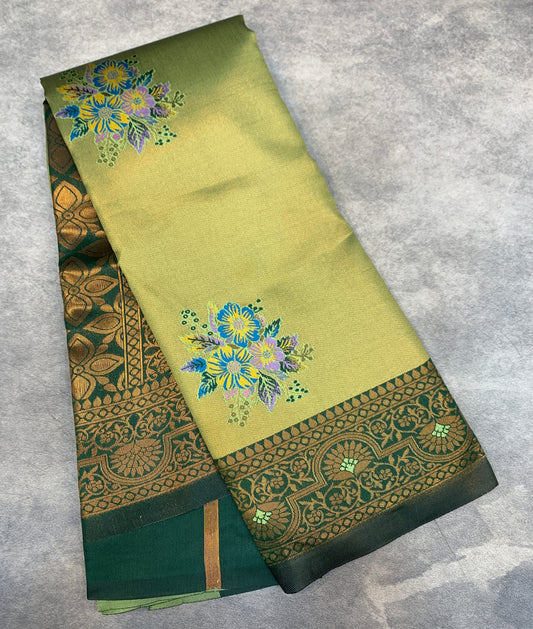 Fancy Tissue Saree Olive Green Colour with Green Border