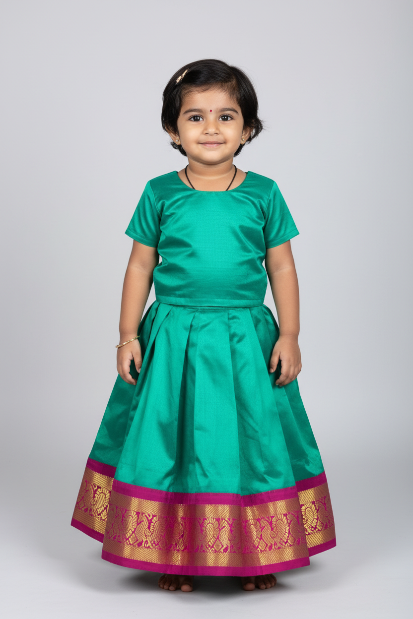 Rama Green Shade Pure Kanchipuram Kids Pattu Pavadai with Contrast Border for age 2 to 5