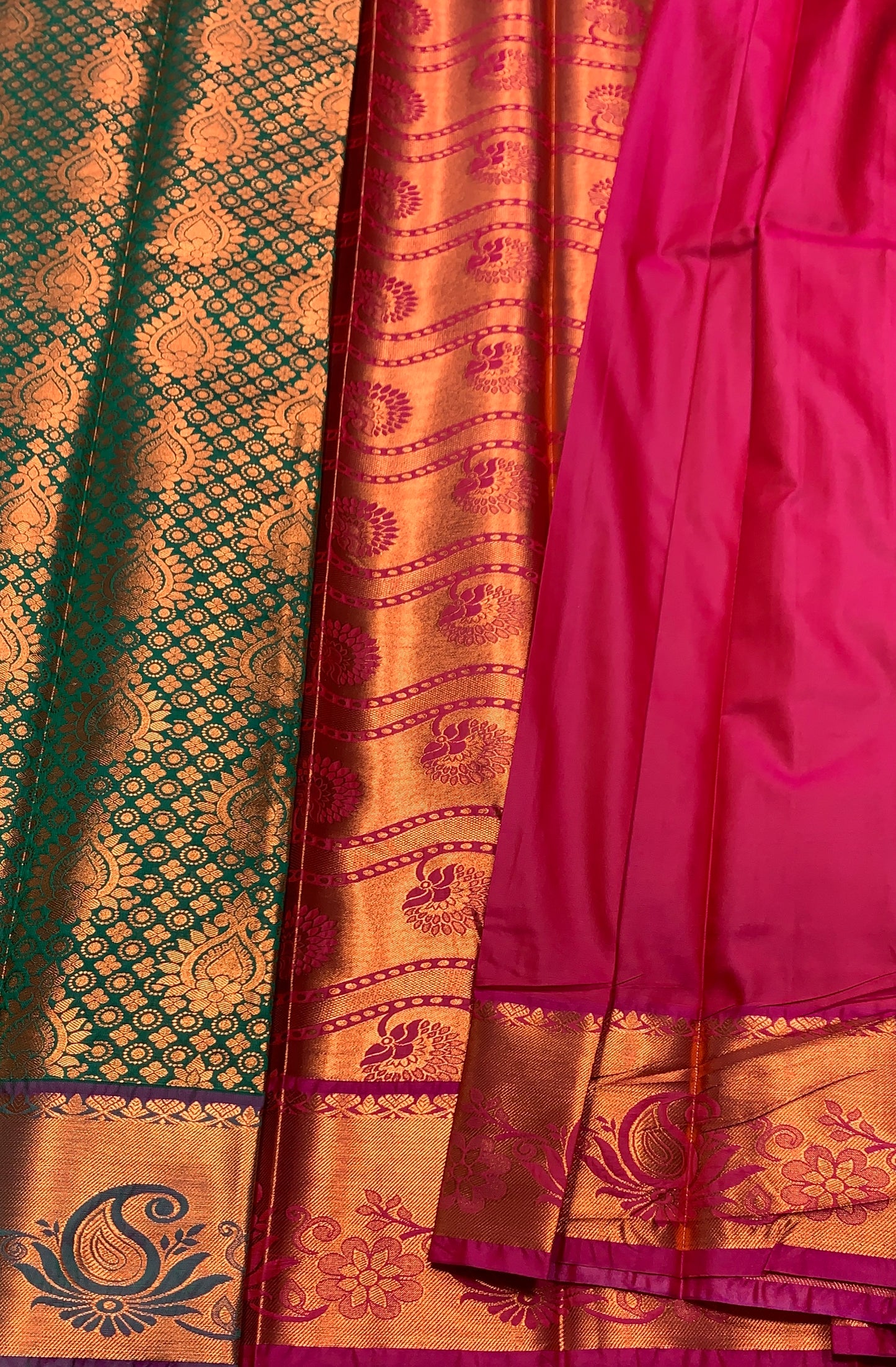 Vegan Silk Saree Green Colour with Magenta and Copper Border