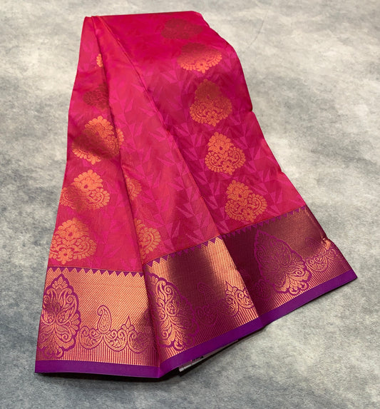 Vegan Silk Saree Pink Colour with Lavender and Copper Border