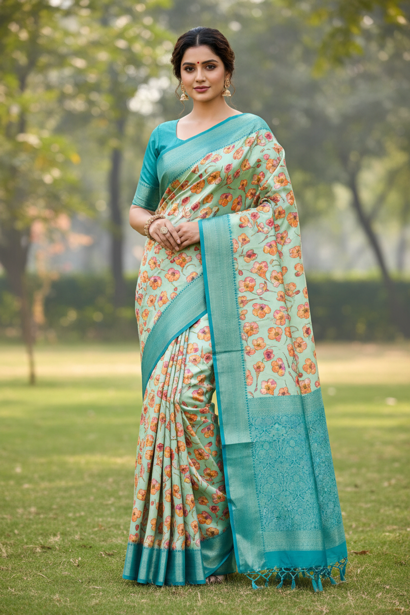 Tussar Colour Digital Print silk saree with Aqua Blue Border.