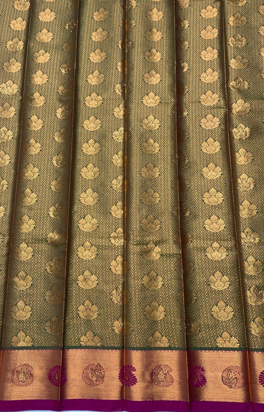 Vegan Silk Saree Olive Green Colour with Copper and Pink Border