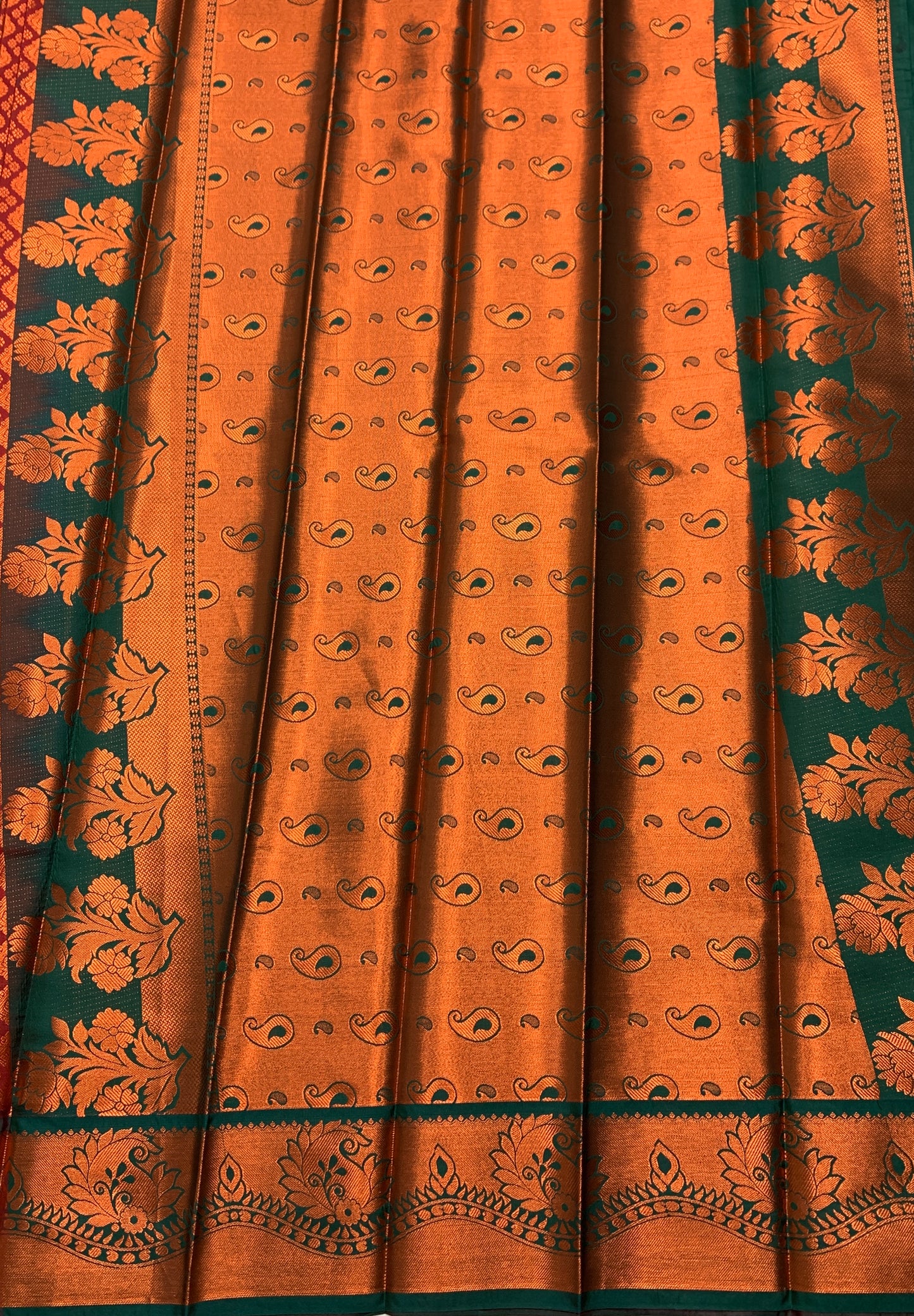 Vegan Silk Saree Maroon Colour with Copper and Green Border