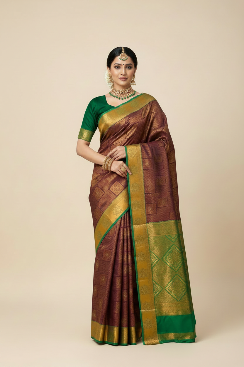 Art Silk Saree Beetroot Colour with Green Border