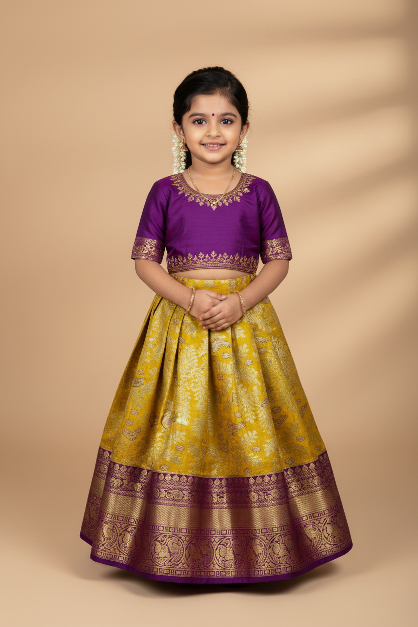 Golden Yellow Shade Vegan Silk Kids Pattu Pavadai with Contrast Border for Newborn to 2 Years