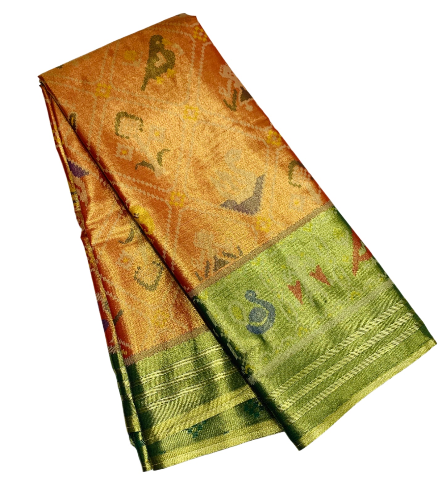 Pochampalli Tissue Silk Saree Golden Orange Colour with Golden Green Border