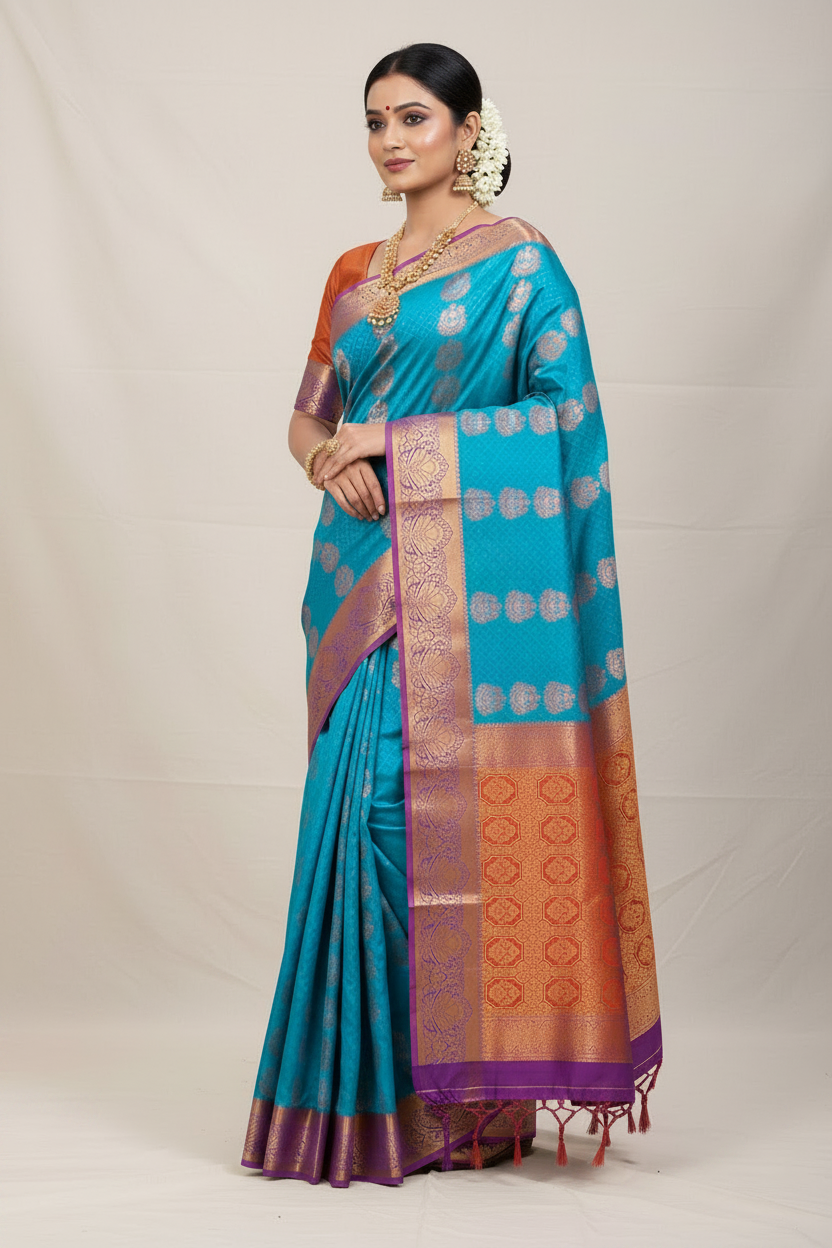 Vegan Silk Saree Blue Colour Saree with Copper and Floral Design
