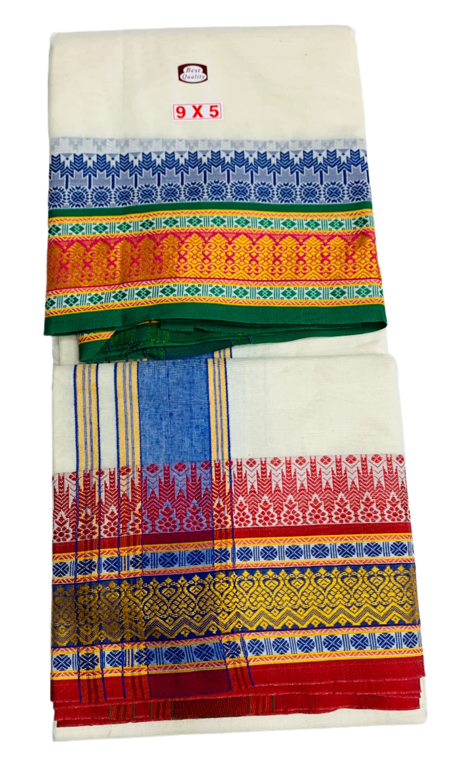 9X5 Cotton Unbleached Dhoti with Angavastram Colour with Blue and Orange Border