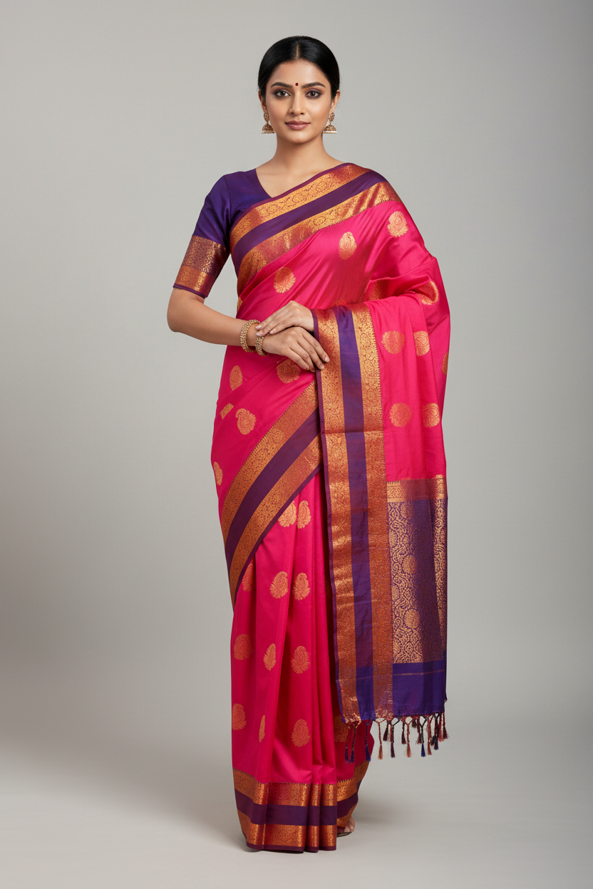 Soft Vegan Silk Saree Pink Colour with Rettai Pettu Border