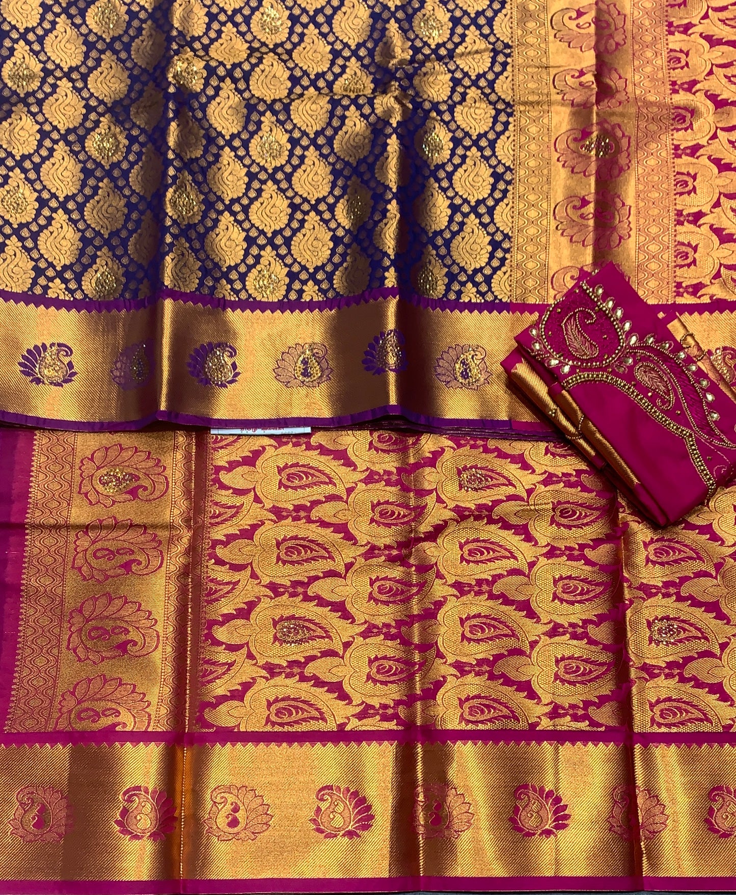 Bridal Vegan Silk Saree Navy Blue shade with Purple Border with Unstitched blouse in Aari work