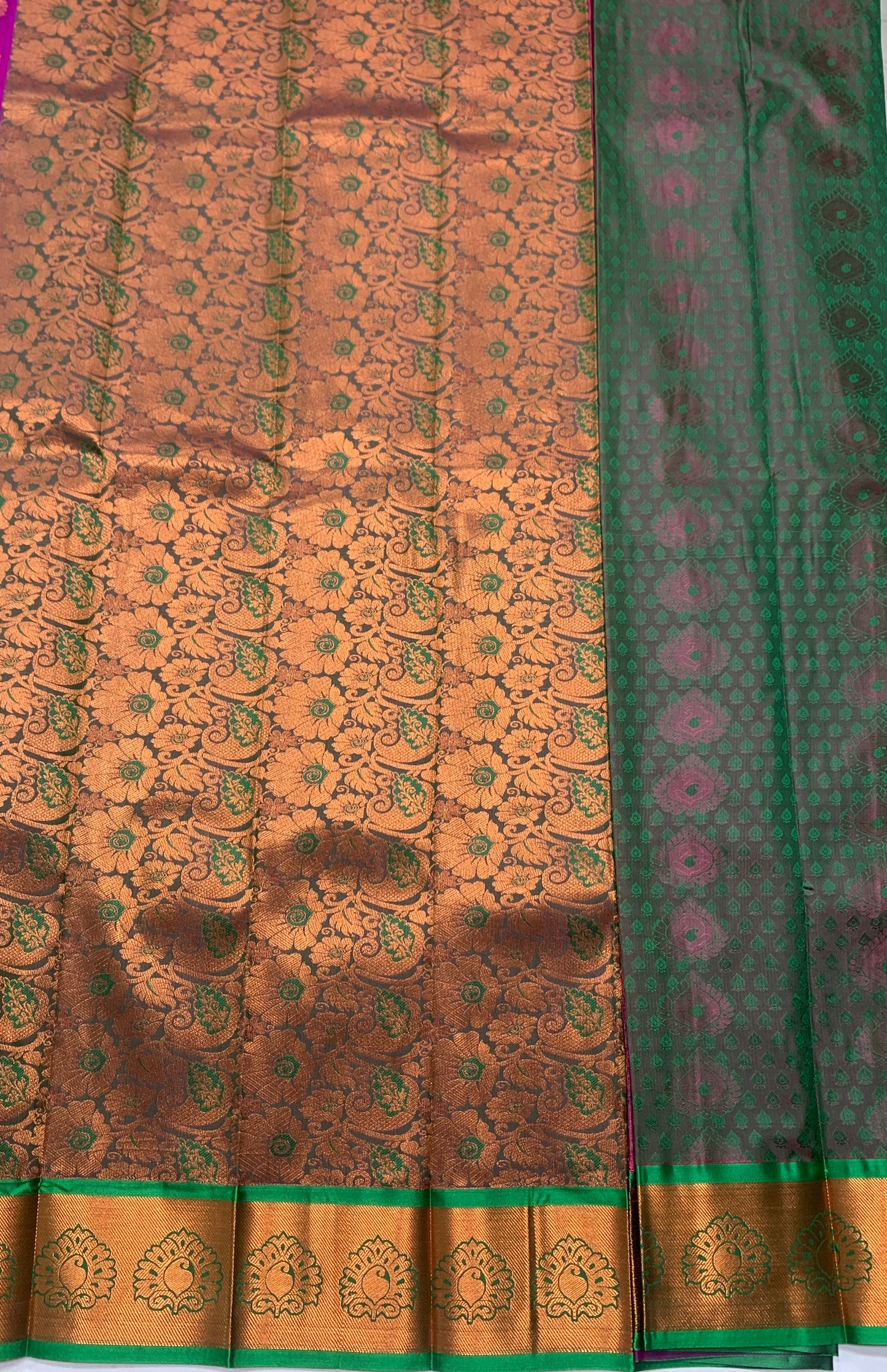 Vegan Silk Saree Pink shade with Copper and Green Border