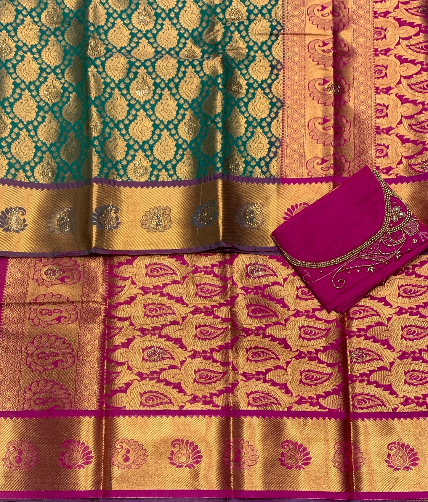 Bridal Vegan Silk Saree Green shade with Pink Border with Unstitched blouse in Aari Work