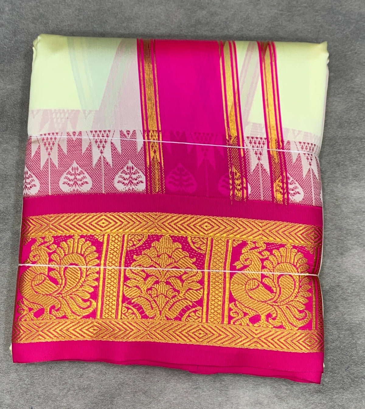 Art Silk Dhothi 9X5 Ivory Colour with Pink and Blue Colour Ganga Jamuna Border