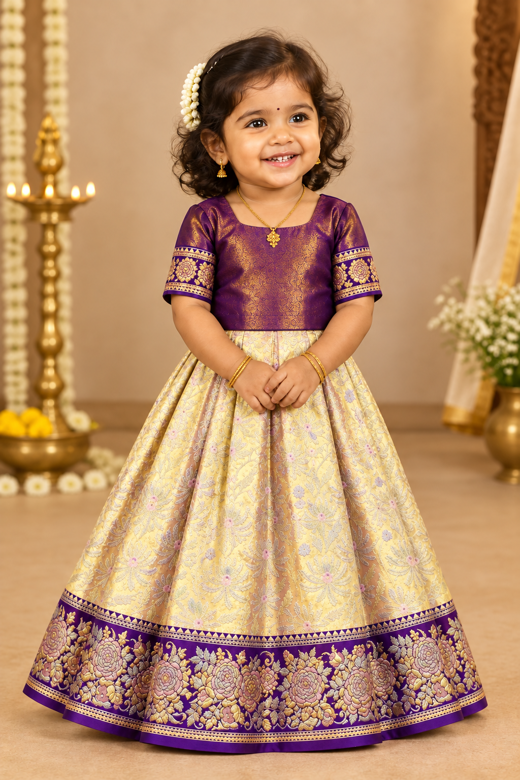 Rose Gold Shade Pure Kanchipuram Kids Pattu Pavadai with Contrast Border for Newborn to 2 Years