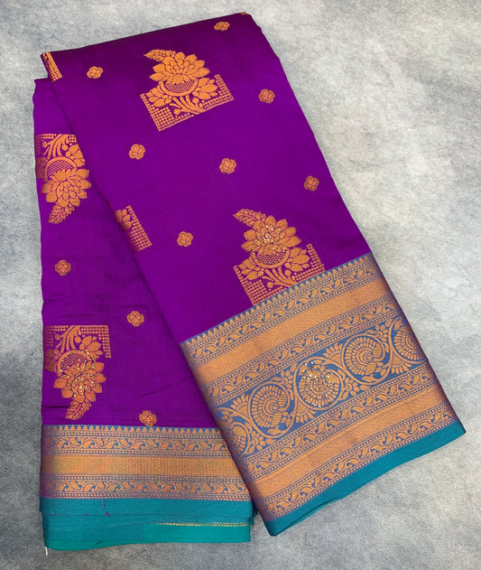 Soft Silk Casual Saree Purple Colour with Rama Green and Golden Colour Border