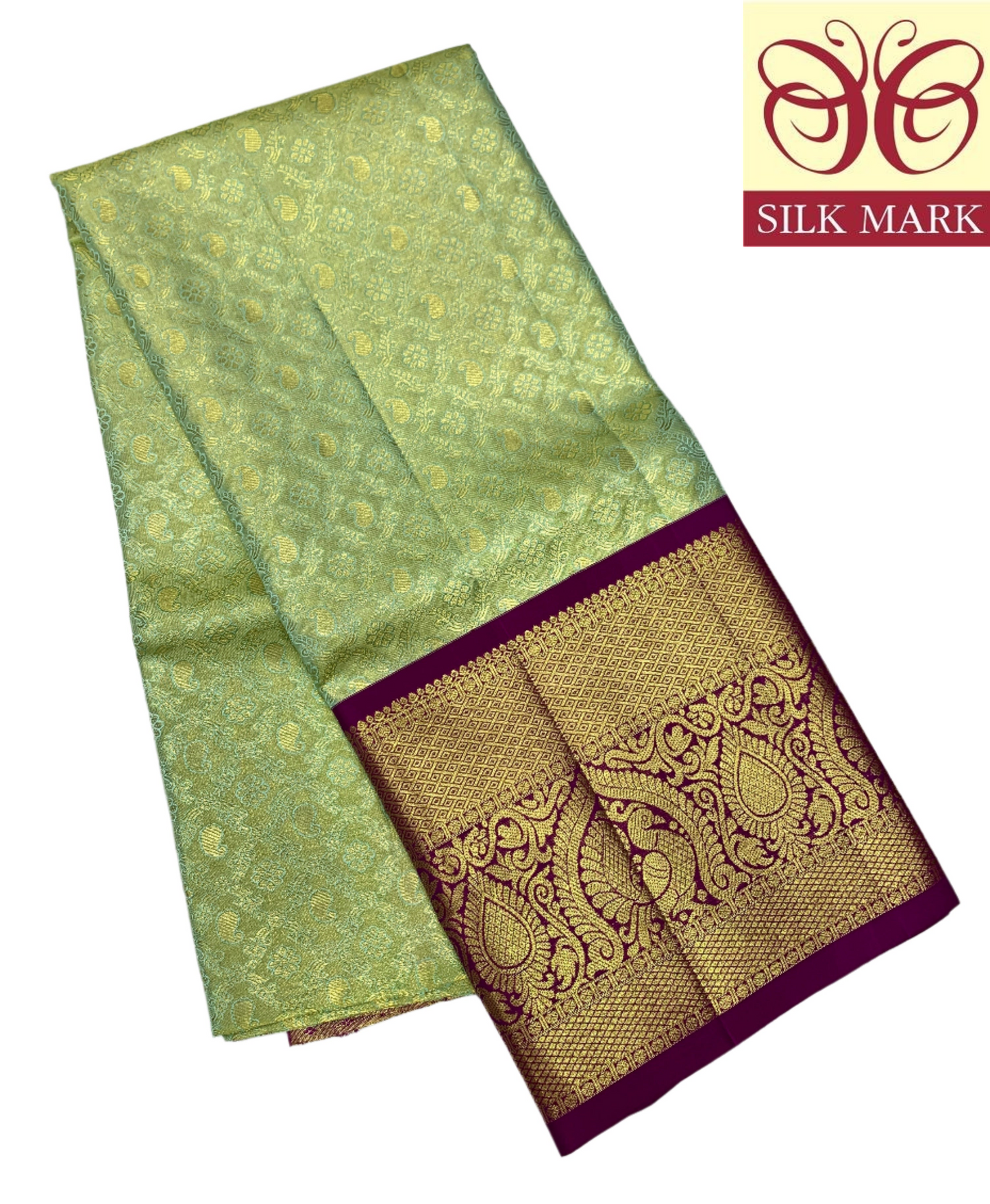 Apple Green Shade Pure Kanchipuram Kids Pattu Pavadai with Contrast Border for age 5 to 10