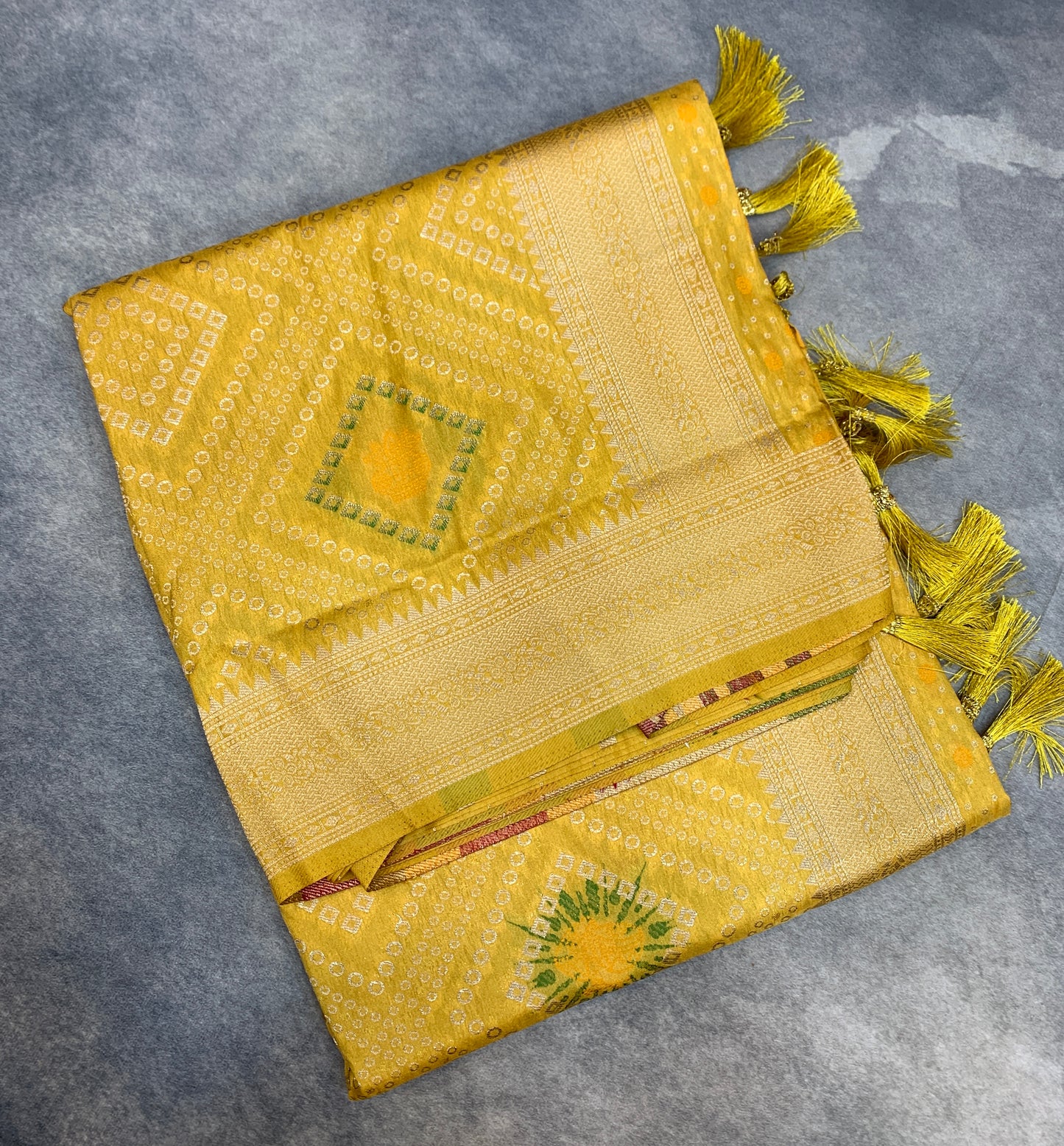 Banaras Soft Silk Saree Mustard Colour with Sliver Colour Floral Design Border