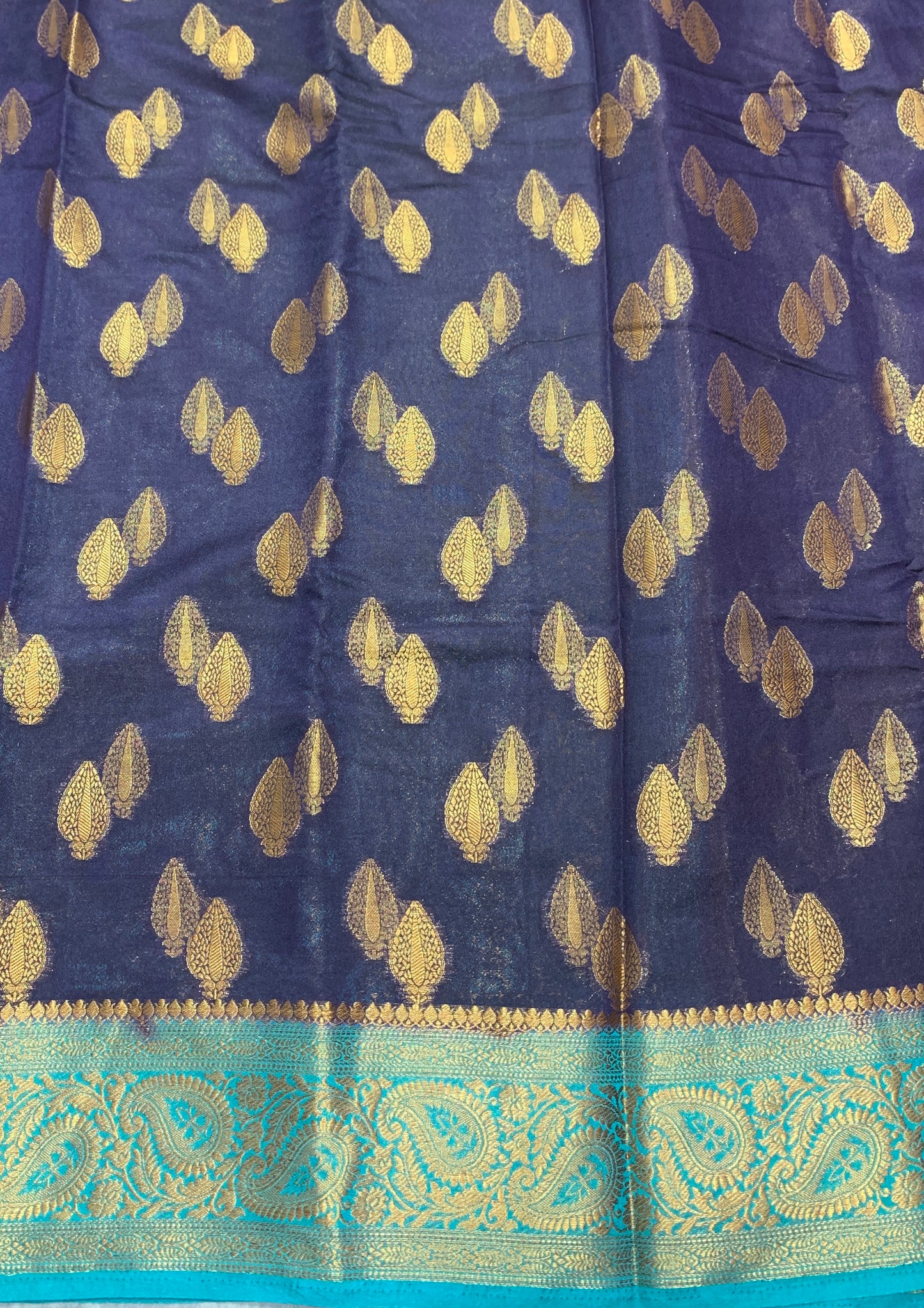 Crepe Saree Navy Blue Colour with Sky Blue Border