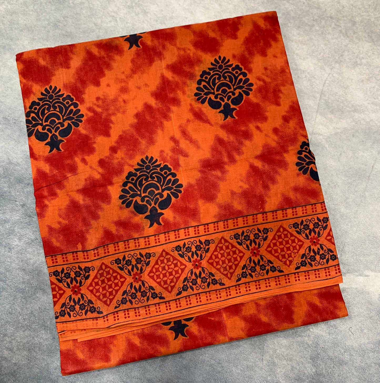 Chettinad Sungudi Cotton Orange Colour with Floral Design Border