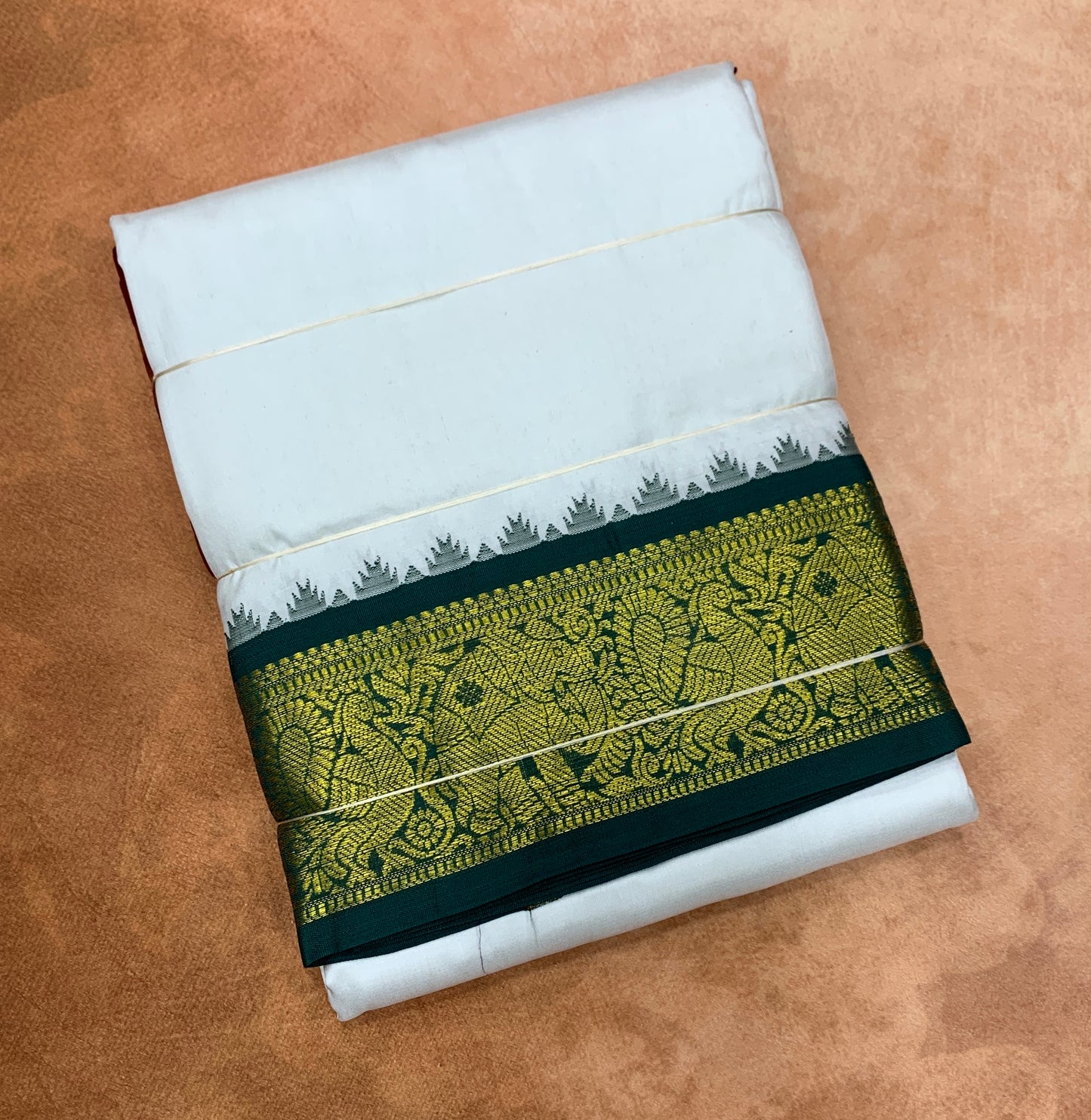 9X5 Pure Silk Dhoti White Colour with Green and Maroon Ganga Jamuna Border