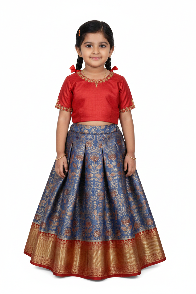 Blue Shade Vegan Silk Kids Pattu Pavadai with Contrast Border for age 2 to 5