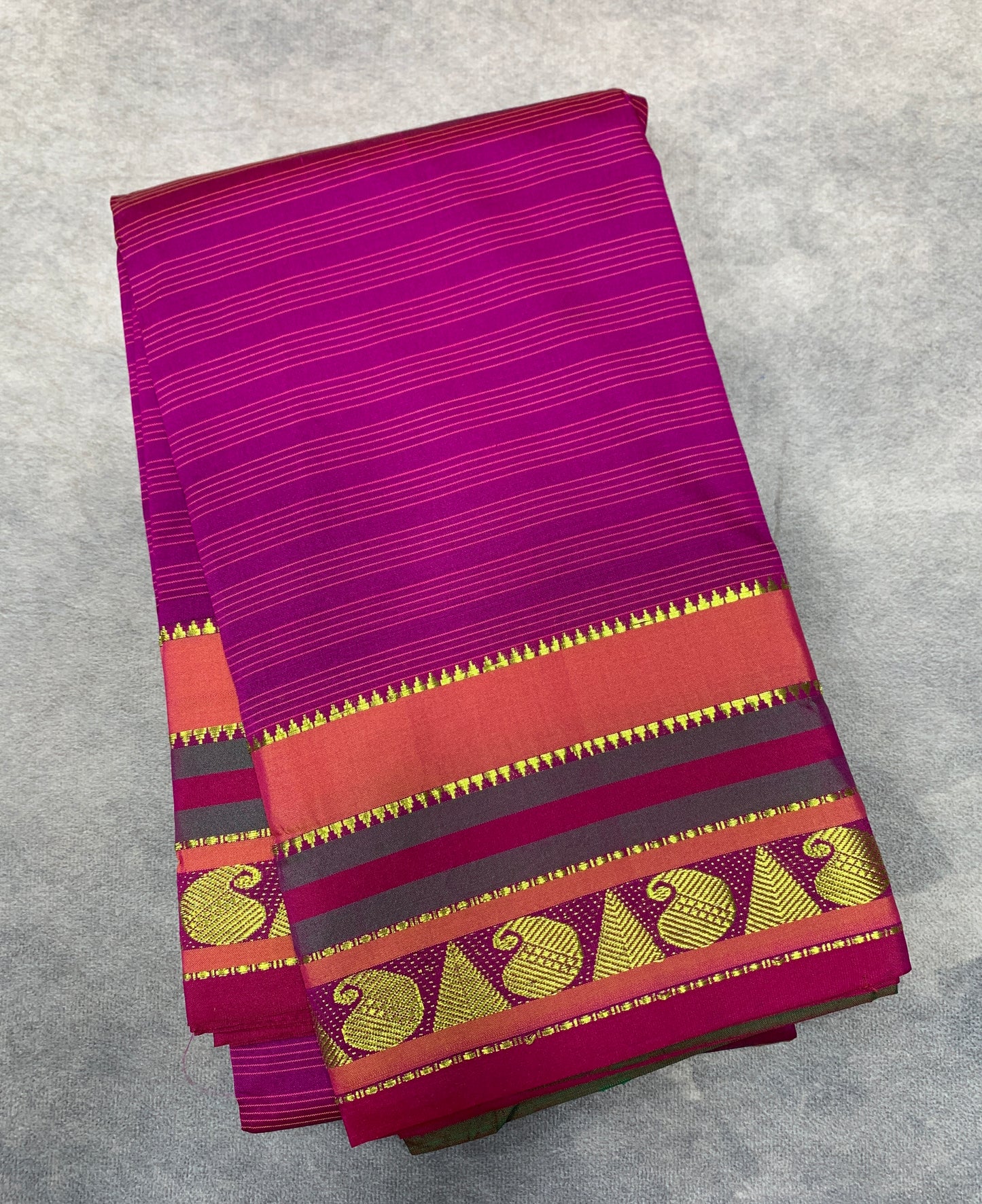 Arani Silk Saree Pink Colour with Olive Green Border with Mango and Gopeuram Design