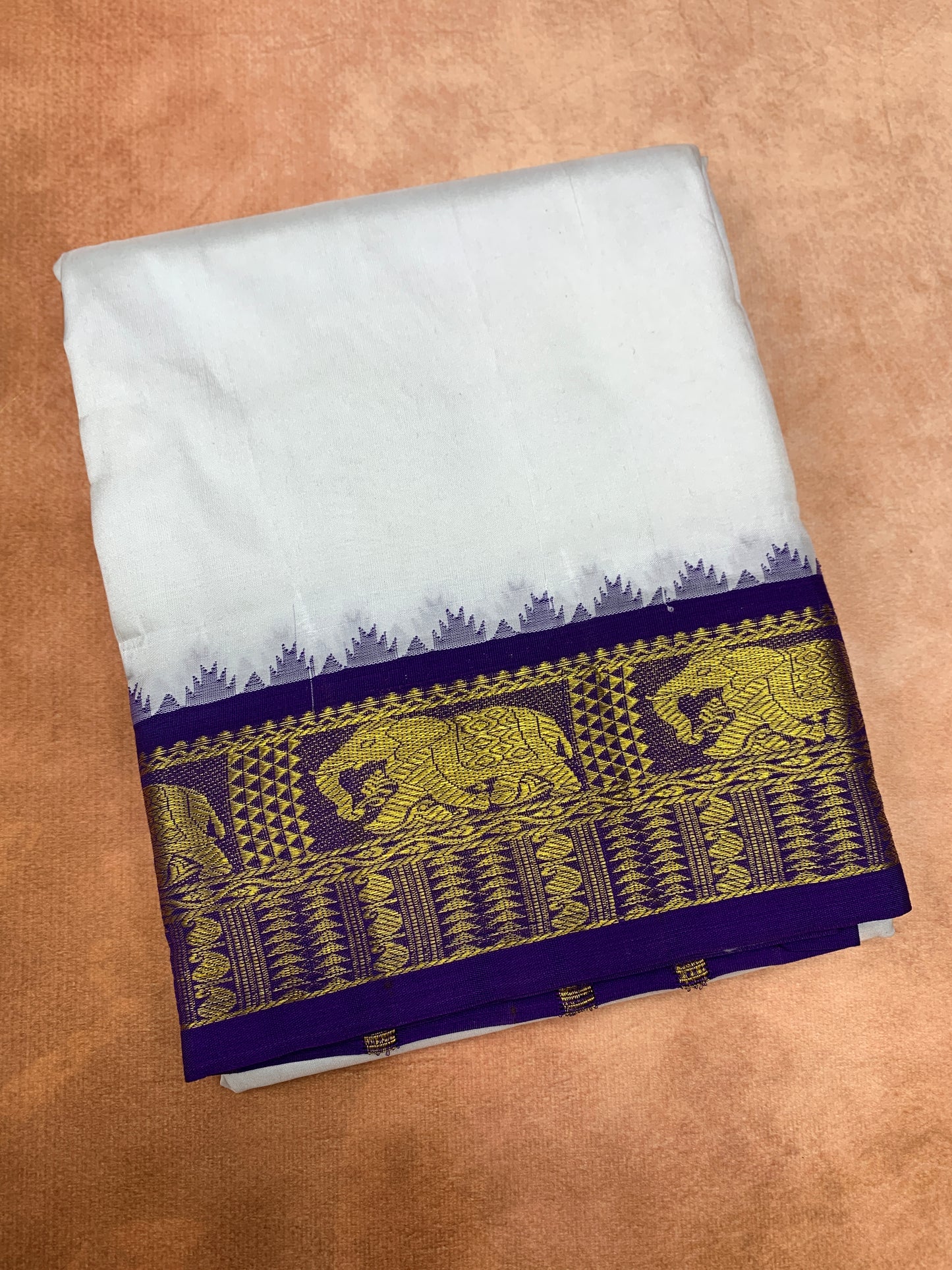 9X5 Pure Silk Dhoti White Colour with Blue and Orange Ganga Jamuna Border