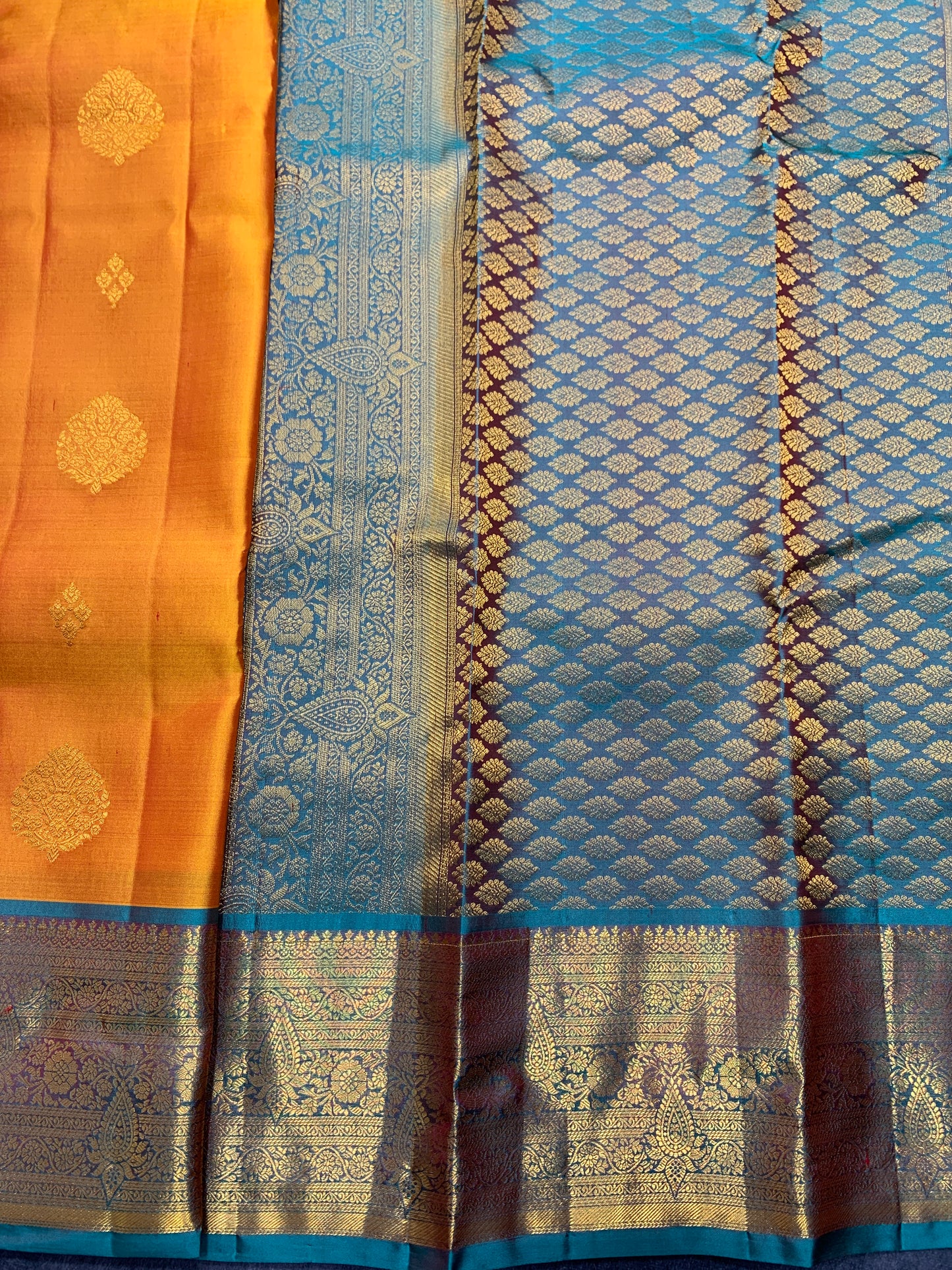 Pure Kanchipuram Silk Saree Golden Shade with Rama Green Border
