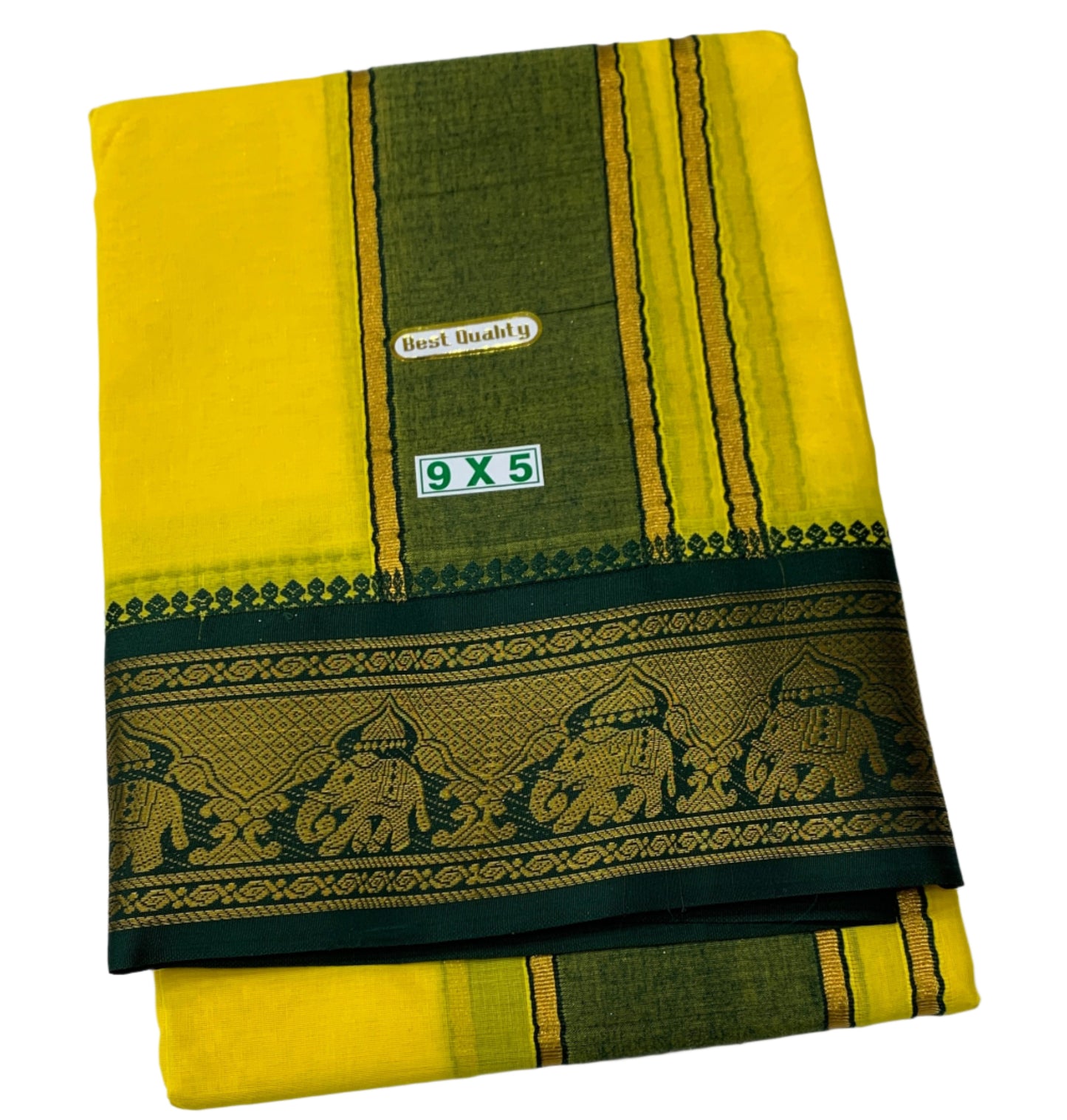 9X5 Cotton Dhoti Yellow Green and Maroon Border with Angavastram