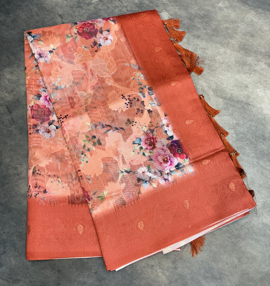 Digital Print Cotton Saree Brown Colour with Floral Pattern
