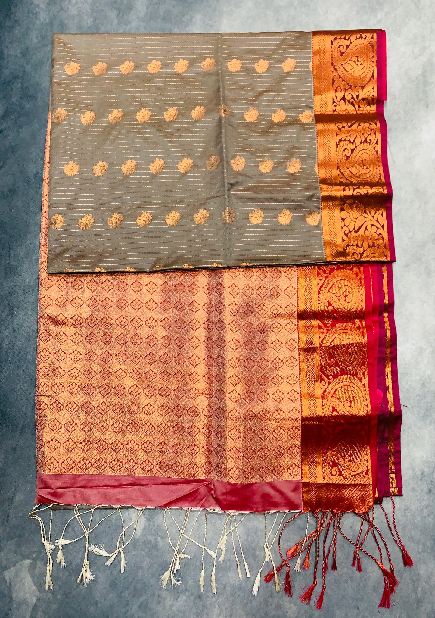 Soft Vegan Silk Saree Gray Colour with Onion Pink and Copper Border