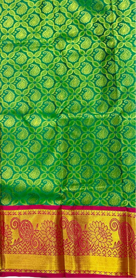 Green shade vegan silk Kids Pattu Pavadai with contrast border for age Kumaran Silk