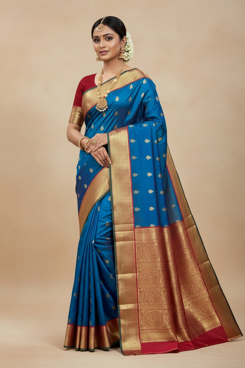 Pure Kanchipuram Silk Peacock Blue Colour with Red and Golden Zari Border