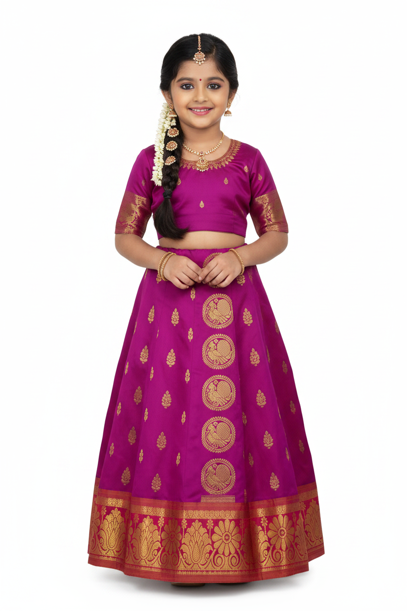 Magenta Shade Semi Silk Kids Pattu Pavadai with Self border for Age 2 to 5