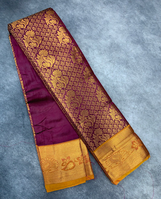 Vegan Silk Saree Magenta Colour with Copper and Golden Yellow Border