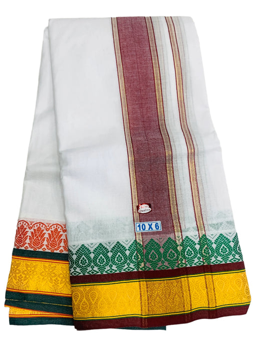 10X6 Cotton Dhoti White Colour with Yellow and Brown Border