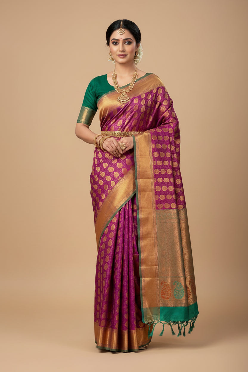 Vegan Silk Saree Magenta Colour with Green and Copper Border