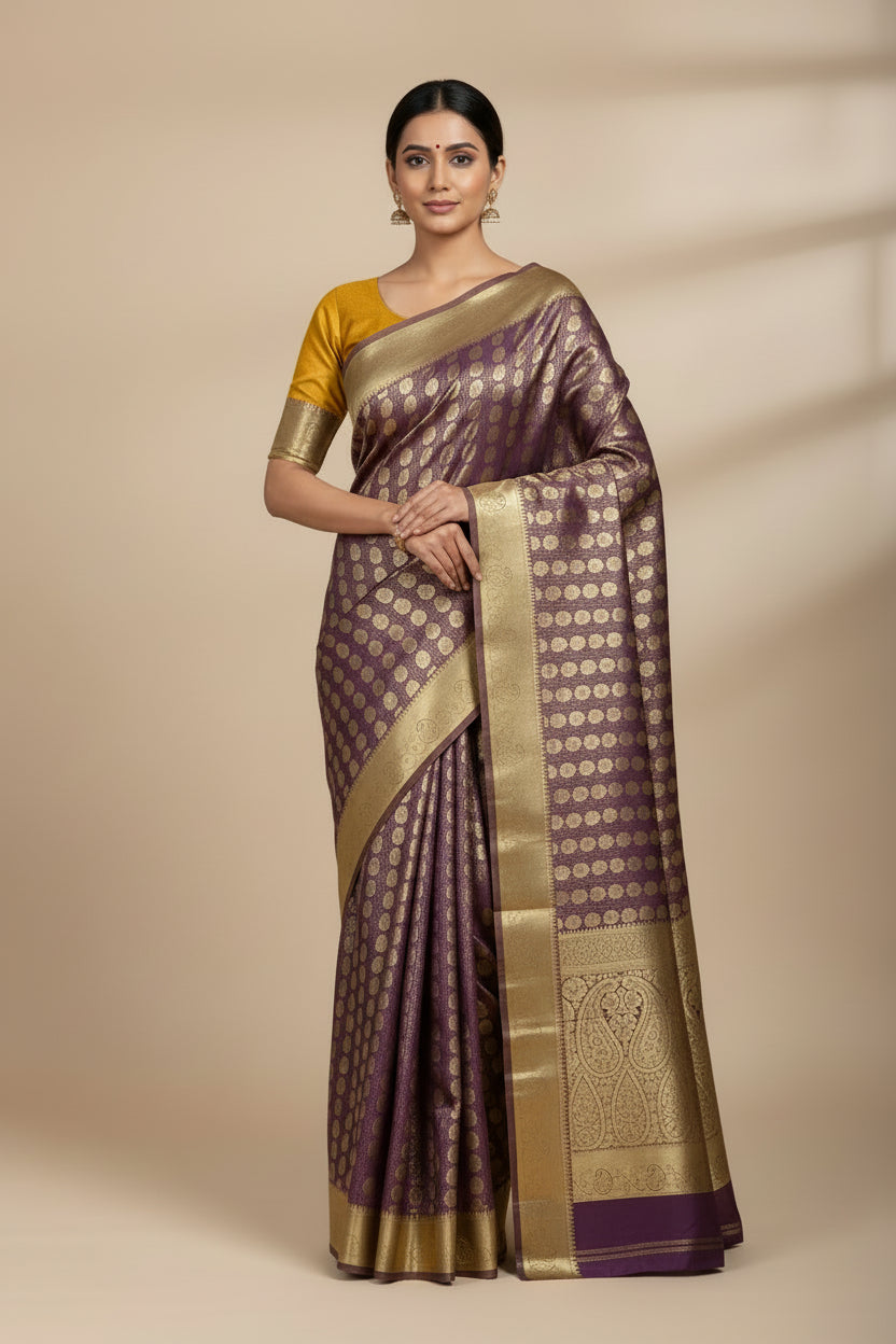 Vegan Silk Saree Maroon Colour with Golden Yellow and Copper Border