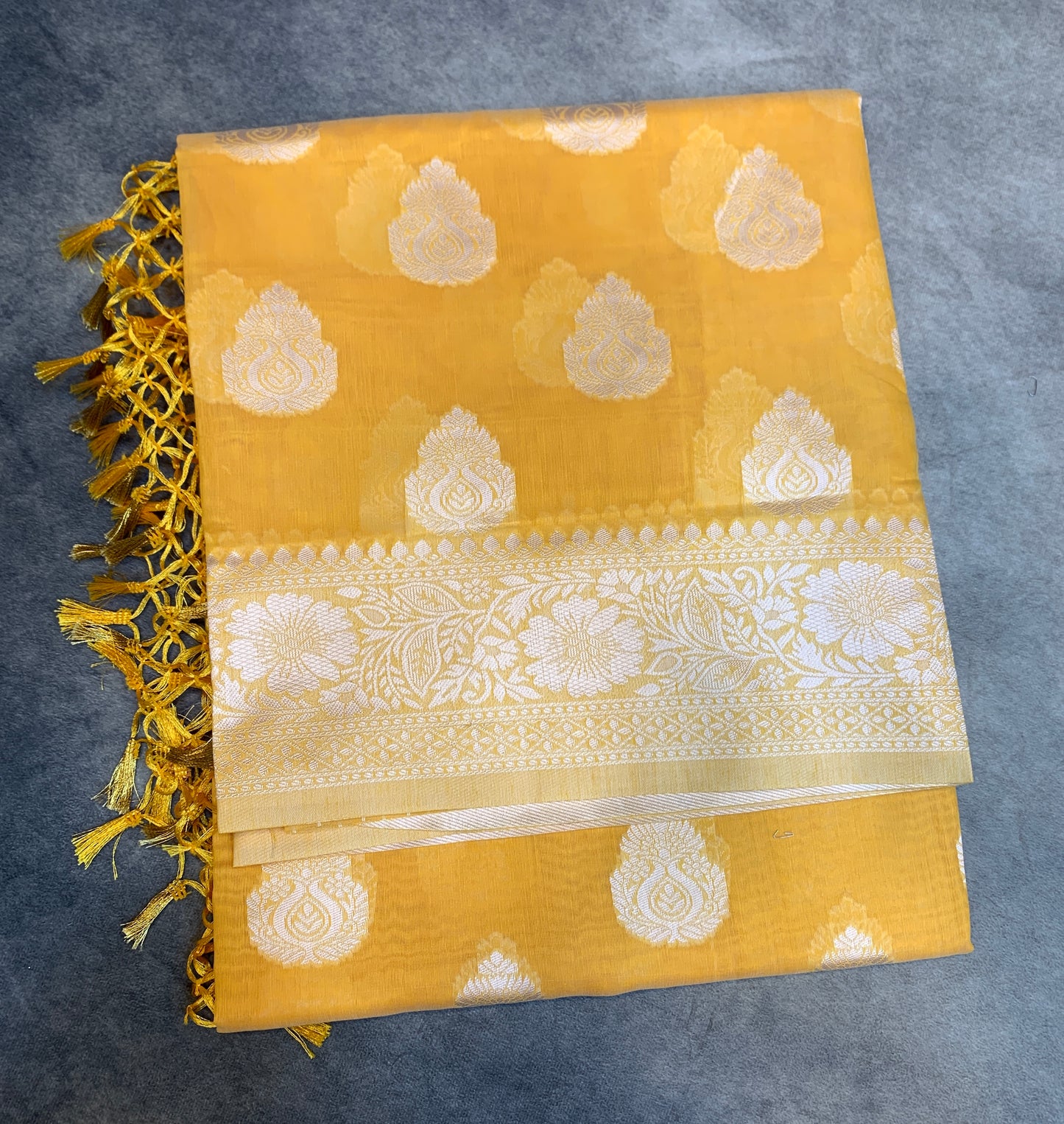 Banaras Katan Saree Yellow Colour with Katan Work Border