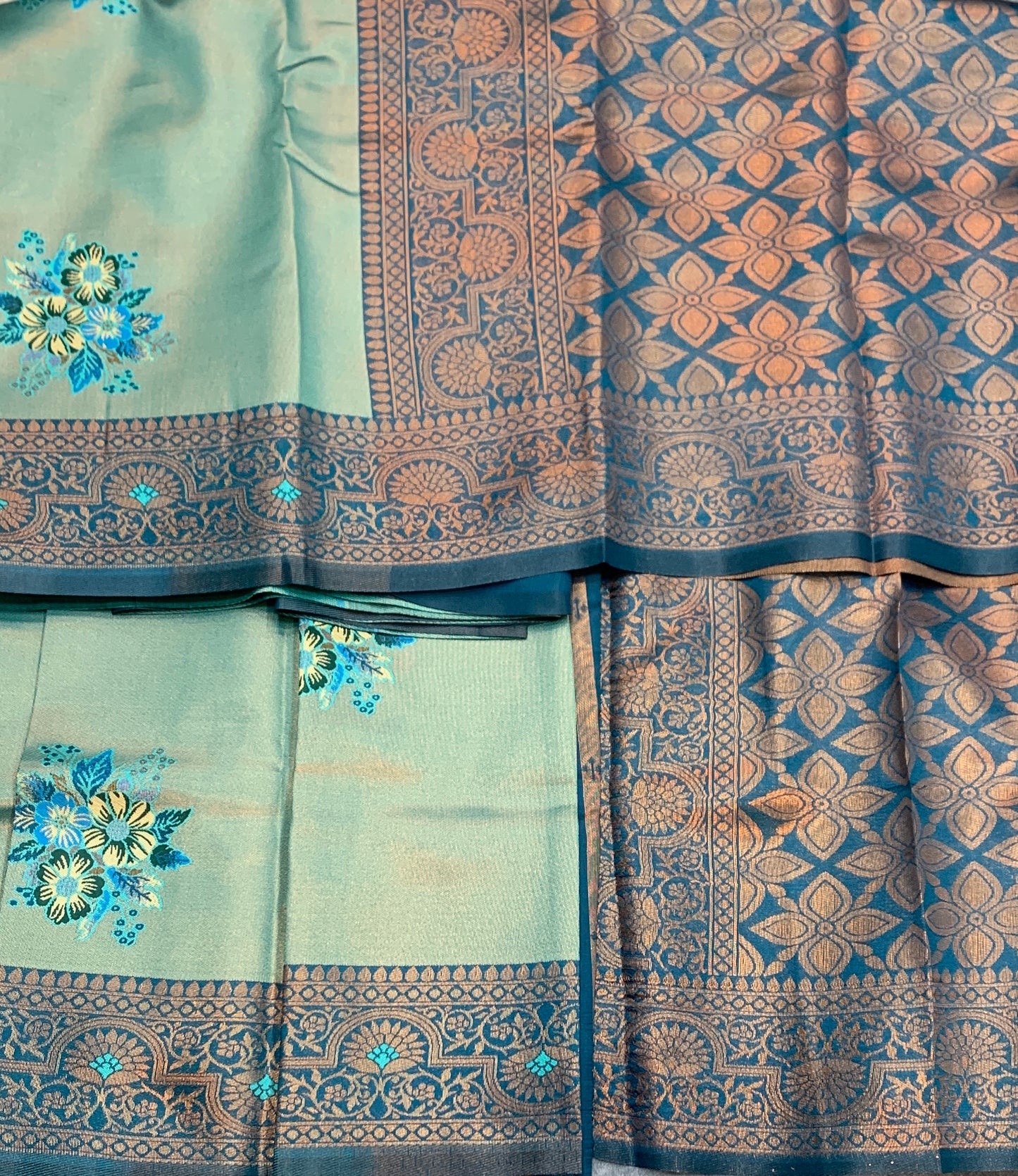 Fancy Tissue Saree Peacock Green Colour with Peacock Blue Border