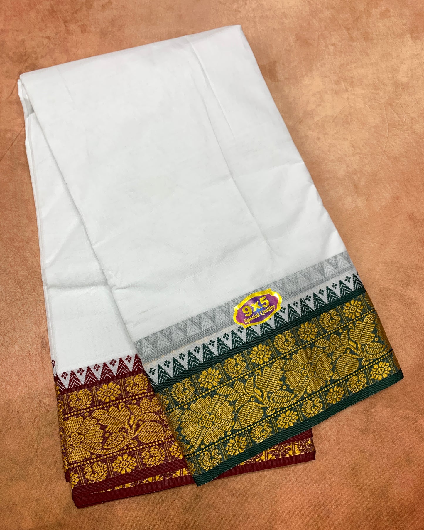 9X5 Cotton Dhoti White with Green and Maroon Ganga Jamuna Border
