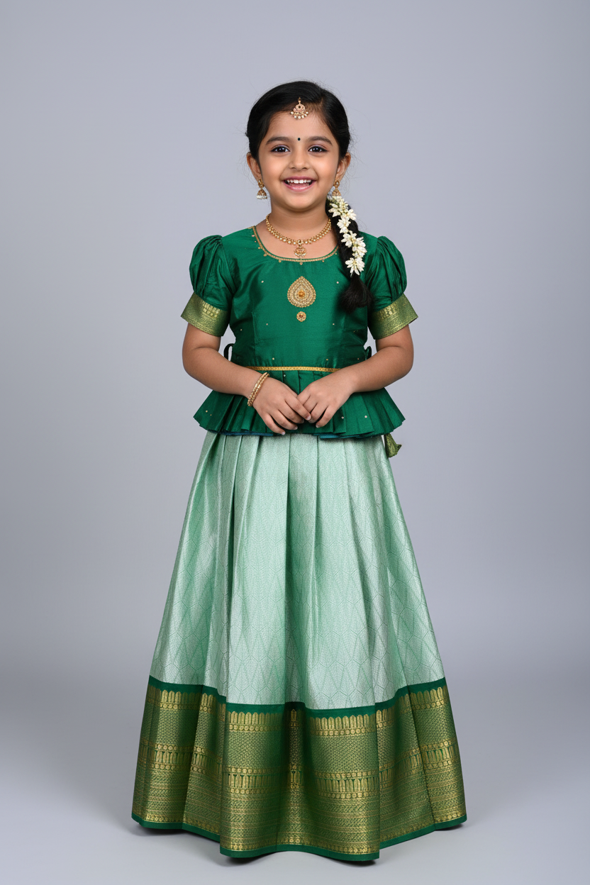 Ready To Wear Pastel Green Colour Pavadai with Contrast Green Colour Blouse