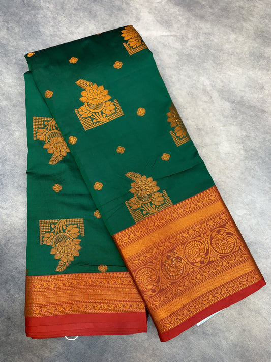 Soft Silk Casual Saree Green Colour with Maroon and Golden Colour Border