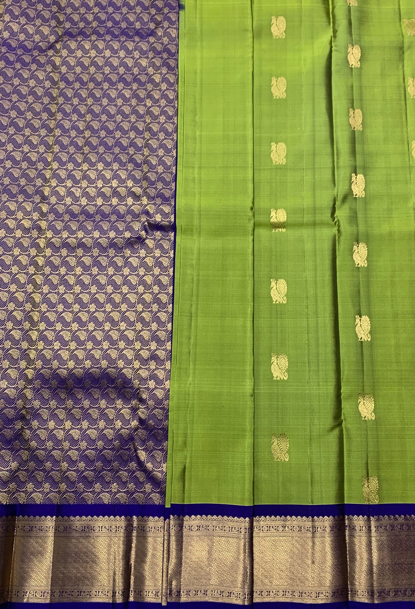 Pure Kanchipuram Silk Olive Green Colour with Blue Border