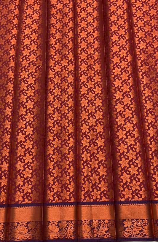 Vegan Silk Saree Maroon Colour with Copper and Blue Border