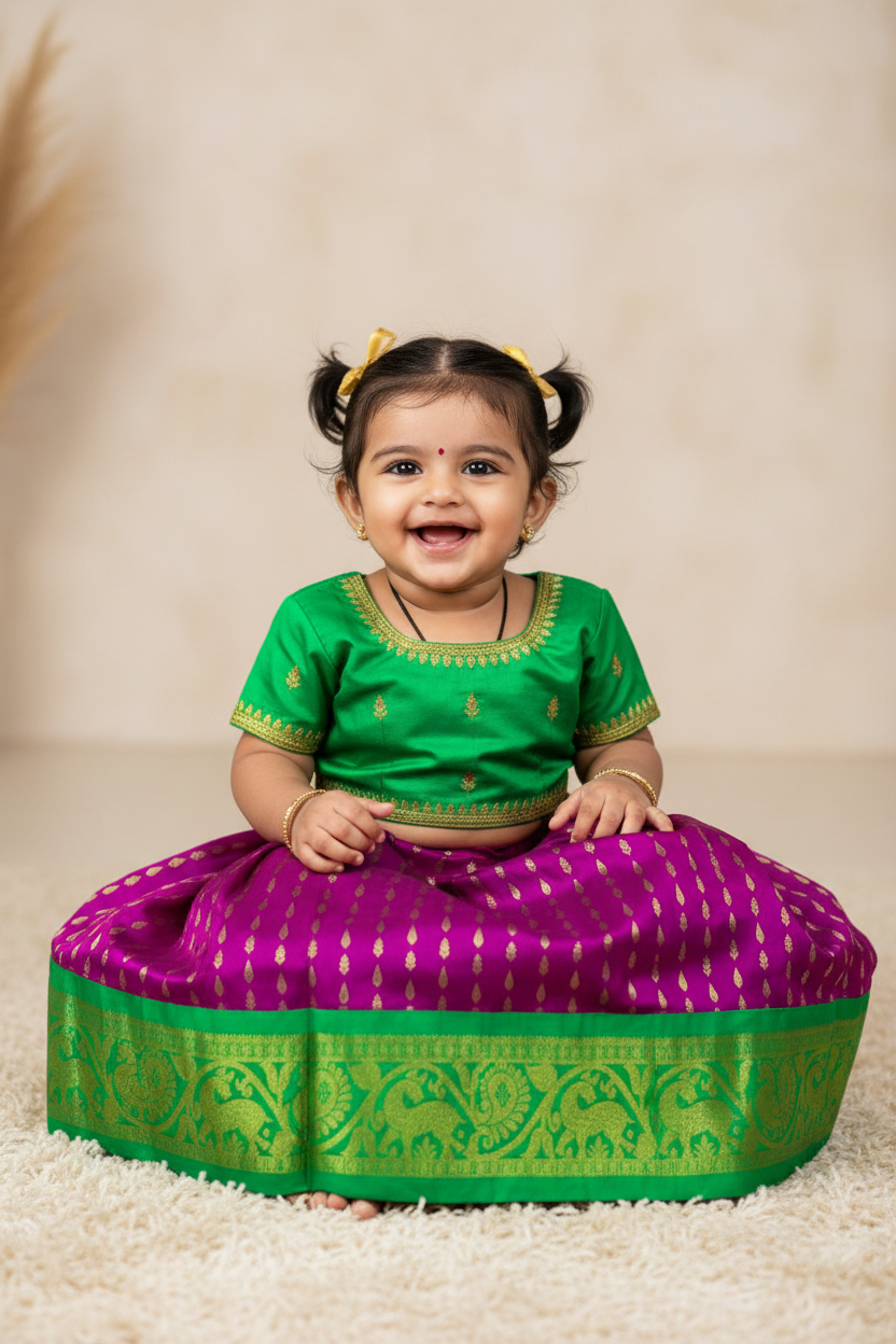 Magenta Shade Pure kanchipuram Kids Pattu Pavadai with Contrast border for Newborn to 2 Years
