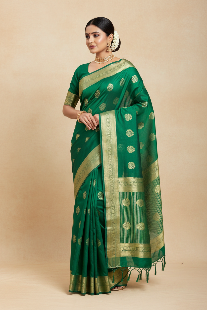 Crepe Saree Green Colour with Sliver Zari work Border