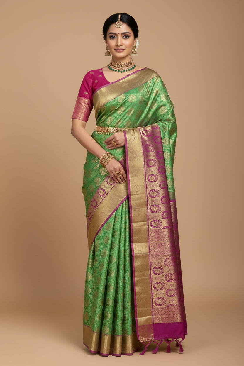 Vegan Silk Saree Light Green Colour with Pink and Copper Border